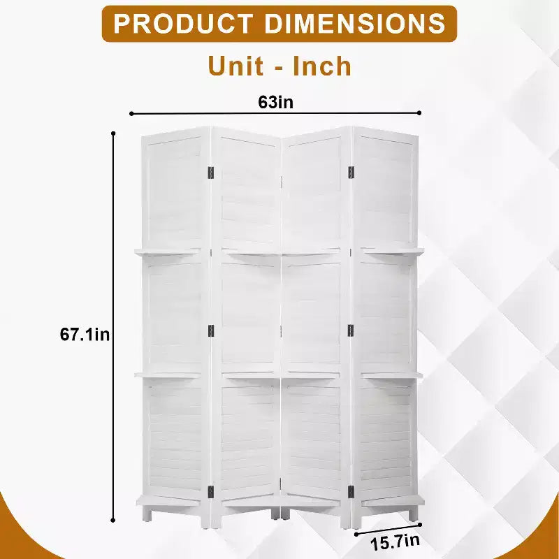 FDW Paravent 4 Panneaux Pliant en Bois pour l'Intimité avec 3 Étagères Ingénieuses Séparateur Portable pour Bureau à Domicile ou Salon