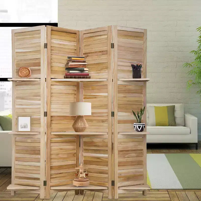 FDW Paravent 4 Panneaux Pliant en Bois pour l'Intimité avec 3 Étagères Ingénieuses Séparateur Portable pour Bureau à Domicile ou Salon