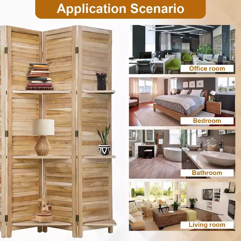 FDW Paravent 4 Panneaux Pliant en Bois pour l'Intimité avec 3 Étagères Ingénieuses Séparateur Portable pour Bureau à Domicile ou Salon