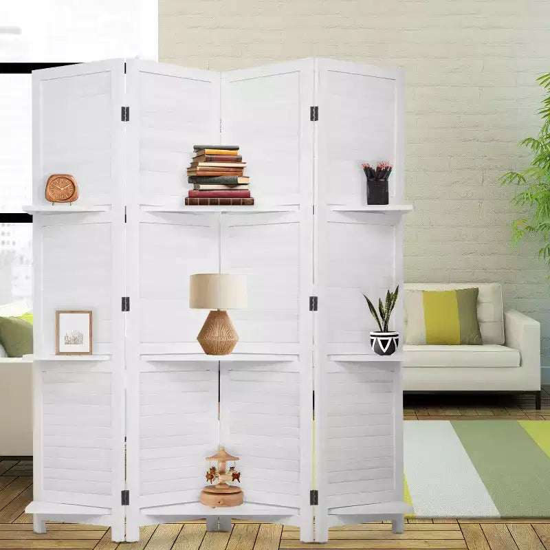 FDW Paravent 4 Panneaux Pliant en Bois pour l'Intimité avec 3 Étagères Ingénieuses Séparateur Portable pour Bureau à Domicile ou Salon