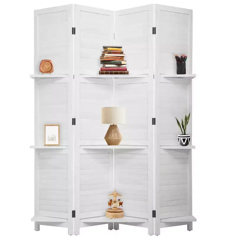 FDW Paravent 4 Panneaux Pliant en Bois pour l'Intimité avec 3 Étagères Ingénieuses Séparateur Portable pour Bureau à Domicile ou Salon
