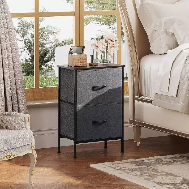 DEXYLLO Lot de 2 tables de chevet, commode à 2 tiroirs pour chambre à coucher, meubles de chevet, table de nuit, table d'appoint avec bacs en tissu pour chambre à coucher, dressing
