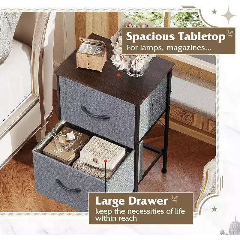 DEXYLLO Lot de 2 tables de chevet, commode à 2 tiroirs pour chambre à coucher, meubles de chevet, table de nuit, table d'appoint avec bacs en tissu pour chambre à coucher, dressing