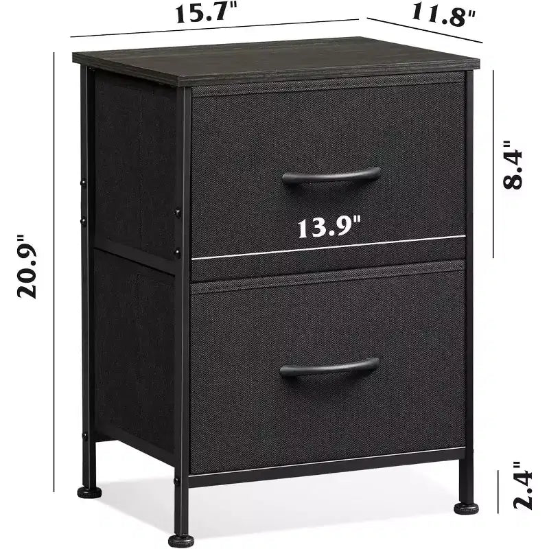 DEXYLLO Lot de 2 tables de chevet, commode à 2 tiroirs pour chambre à coucher, meubles de chevet, table de nuit, table d'appoint avec bacs en tissu pour chambre à coucher, dressing