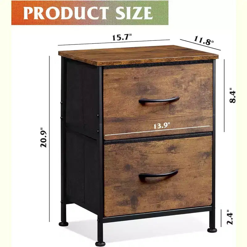 DEXYLLO Lot de 2 tables de chevet, commode à 2 tiroirs pour chambre à coucher, meubles de chevet, table de nuit, table d'appoint avec bacs en tissu pour chambre à coucher, dressing