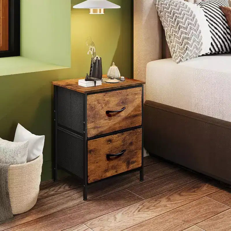 DEXYLLO Lot de 2 tables de chevet, commode à 2 tiroirs pour chambre à coucher, meubles de chevet, table de nuit, table d'appoint avec bacs en tissu pour chambre à coucher, dressing