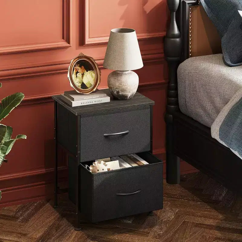 DEXYLLO Lot de 2 tables de chevet, commode à 2 tiroirs pour chambre à coucher, meubles de chevet, table de nuit, table d'appoint avec bacs en tissu pour chambre à coucher, dressing