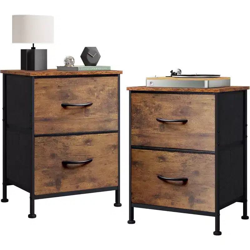 DEXYLLO Lot de 2 tables de chevet, commode à 2 tiroirs pour chambre à coucher, meubles de chevet, table de nuit, table d'appoint avec bacs en tissu pour chambre à coucher, dressing