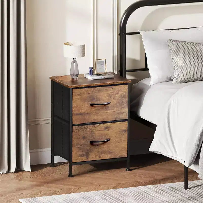 DEXYLLO Lot de 2 tables de chevet, commode à 2 tiroirs pour chambre à coucher, meubles de chevet, table de nuit, table d'appoint avec bacs en tissu pour chambre à coucher, dressing
