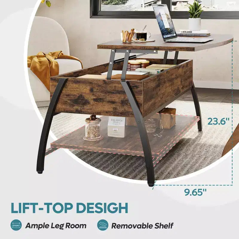 Table basse relevable Bestier 42, table de salon ovale en bois à plateau relevable