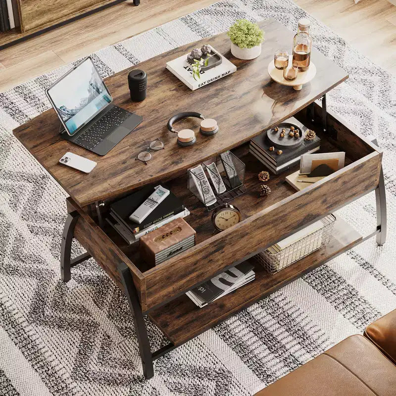 Table basse relevable Bestier 42, table de salon ovale en bois à plateau relevable