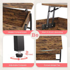 Table basse relevable Bestier 42, table de salon ovale en bois à plateau relevable