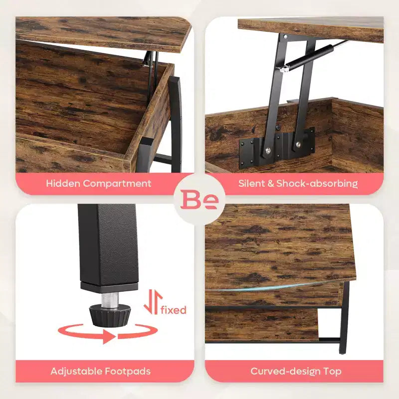 Table basse relevable Bestier 42, table de salon ovale en bois à plateau relevable