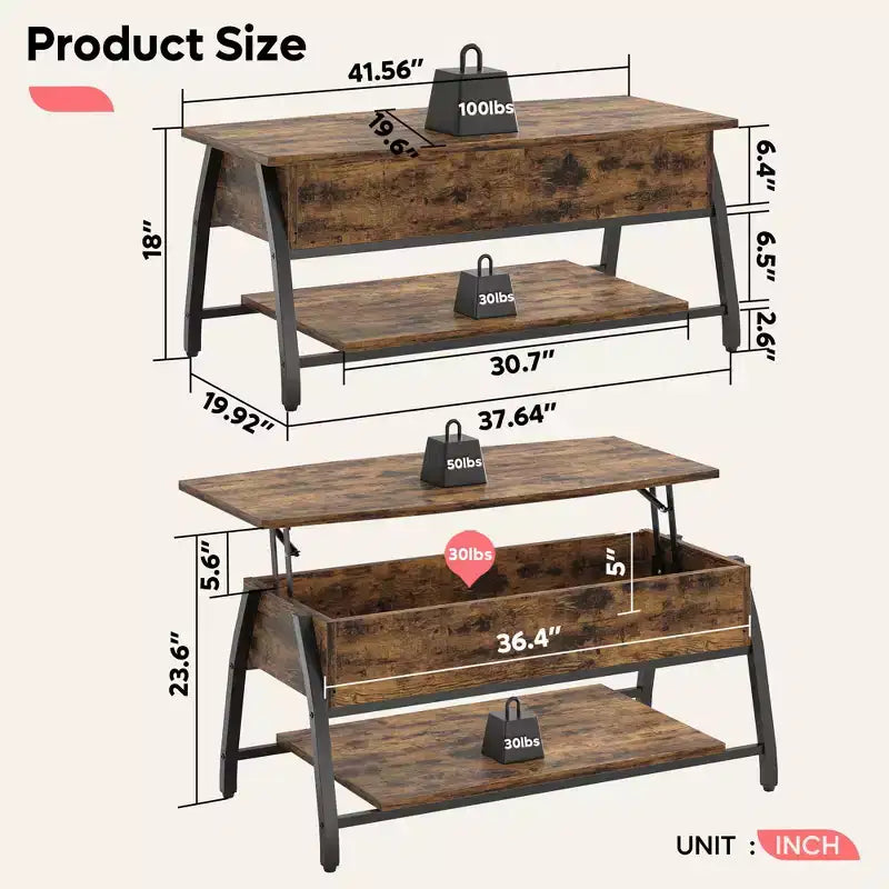 Table basse relevable Bestier 42, table de salon ovale en bois à plateau relevable