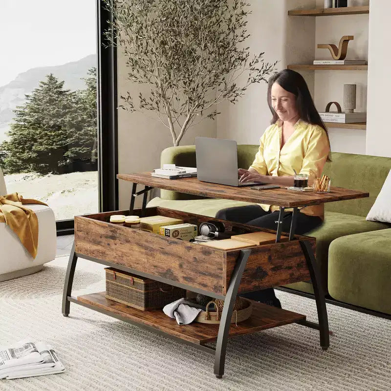 Table basse relevable Bestier 42, table de salon ovale en bois à plateau relevable