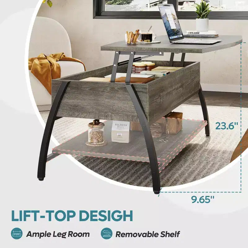 Table basse relevable Bestier 42, table de salon ovale en bois à plateau relevable