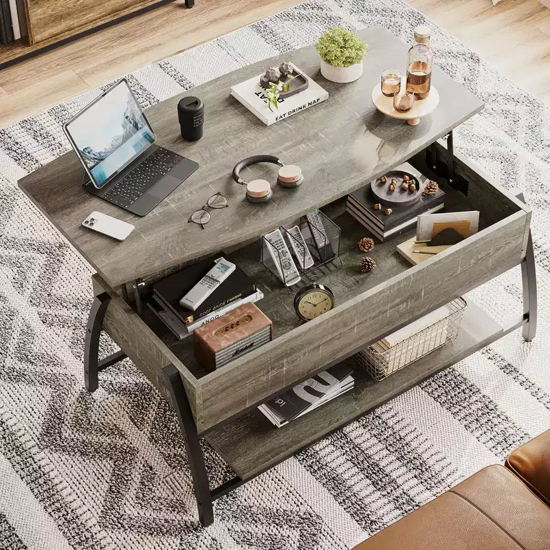 Table basse relevable Bestier 42, table de salon ovale en bois à plateau relevable