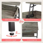 Table basse relevable Bestier 42, table de salon ovale en bois à plateau relevable
