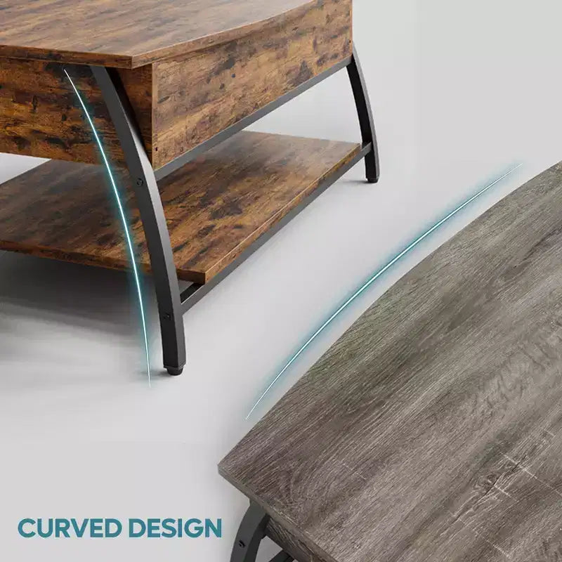 Table basse relevable Bestier 42, table de salon ovale en bois à plateau relevable
