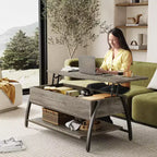Table basse relevable Bestier 42, table de salon ovale en bois à plateau relevable
