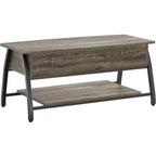 Table basse relevable Bestier 42, table de salon ovale en bois à plateau relevable