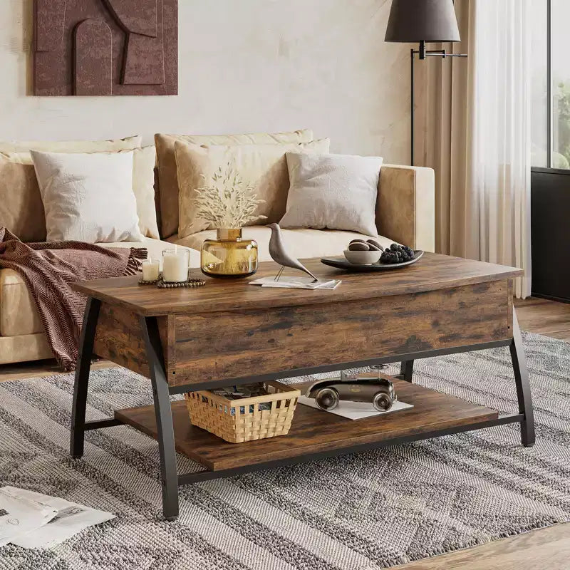 Table basse relevable Bestier 42, table de salon ovale en bois à plateau relevable