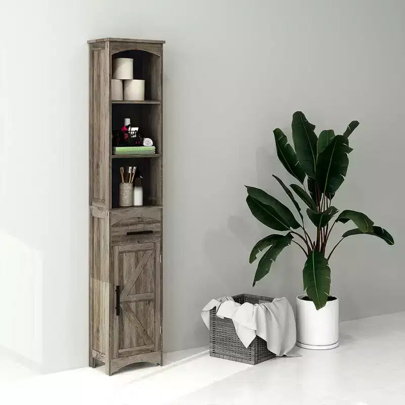 Meuble de rangement étroit HOMCOM pour salle de bain style ferme avec tiroir encastré, armoire de rangement haute et mince avec porte coulissante