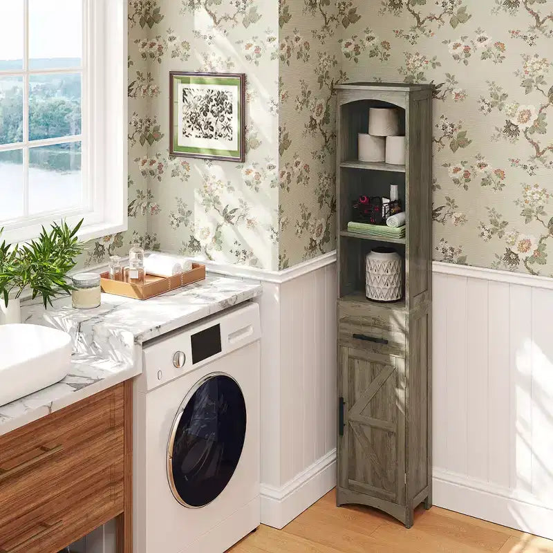 Meuble de rangement étroit HOMCOM pour salle de bain style ferme avec tiroir encastré, armoire de rangement haute et mince avec porte coulissante