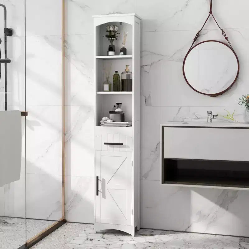 Meuble de rangement étroit HOMCOM pour salle de bain style ferme avec tiroir encastré, armoire de rangement haute et mince avec porte coulissante