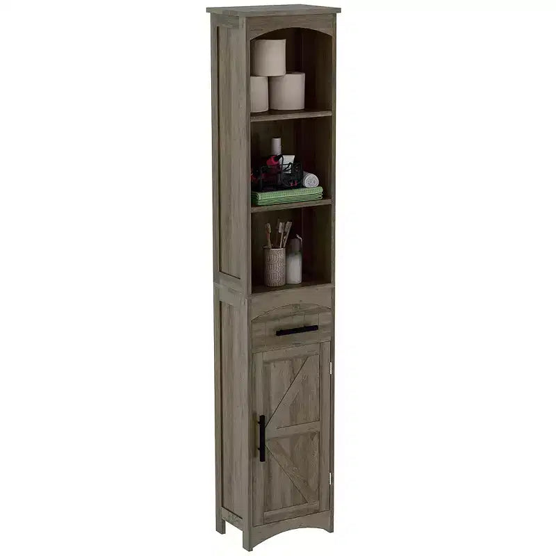 HOMCOM Farmhouse Narrow Bathroom Storage Cabinet with Recessed Drawer, Tall Slim Storage Cabinet with Barn Door