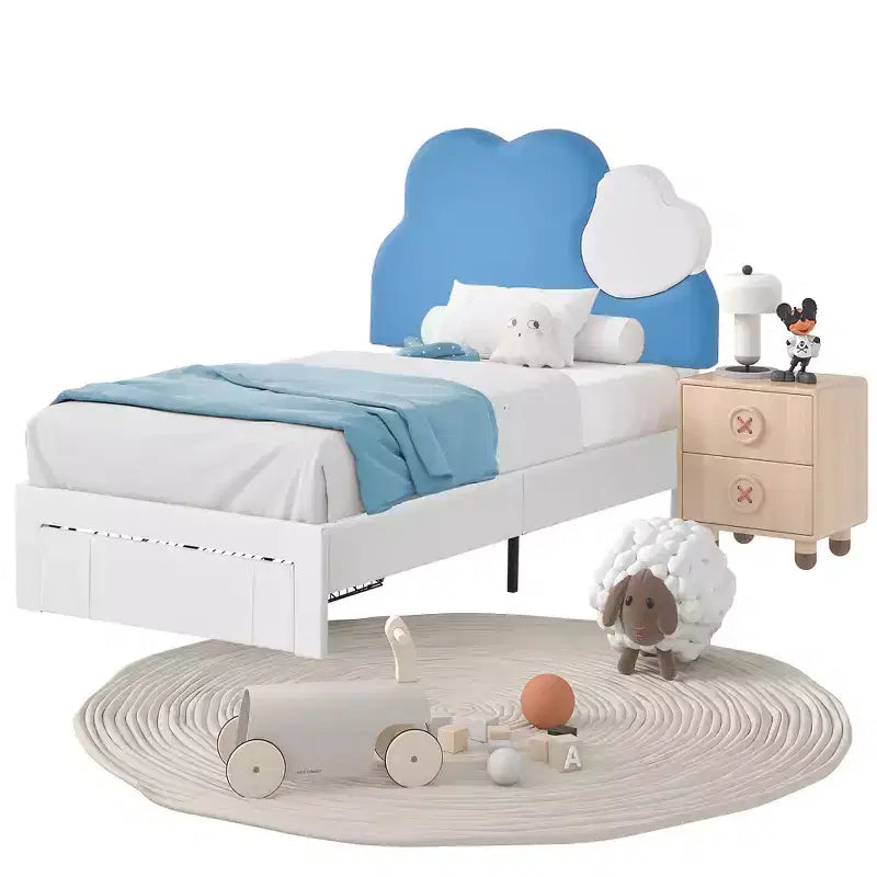 Cadre de lit rembourré VECELO pour enfants, lit double avec tiroir de rangement, lit plateforme avec tête de lit en forme de nuage, bleu