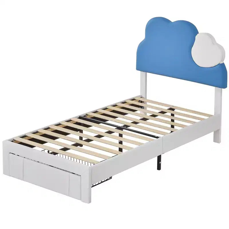 Cadre de lit rembourré VECELO pour enfants, lit double avec tiroir de rangement, lit plateforme avec tête de lit en forme de nuage, bleu