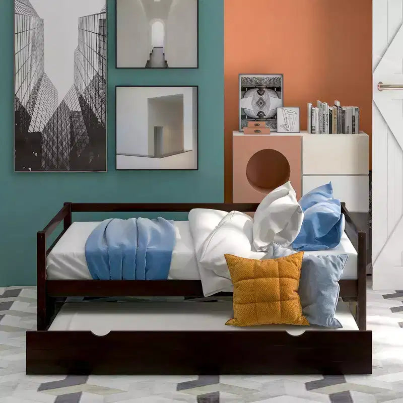 Lit de repos double en bois Whisen Modern Design avec lit gigogne, construction robuste