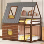 Lit superposé cabane double Whisen au design élégant avec toit, échelle et 2 fenêtres