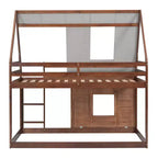 Lit superposé cabane double Whisen au design élégant avec toit, échelle et 2 fenêtres
