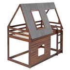 Lit superposé cabane double Whisen au design élégant avec toit, échelle et 2 fenêtres