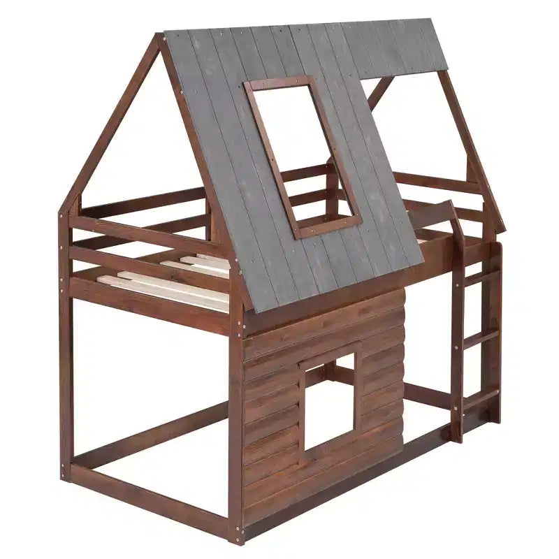 Lit superposé cabane double Whisen au design élégant avec toit, échelle et 2 fenêtres
