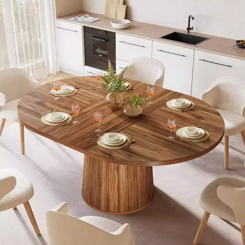 Table à manger ovale Lantine de 140 cm en bois avec plateau en bois et base cylindrique