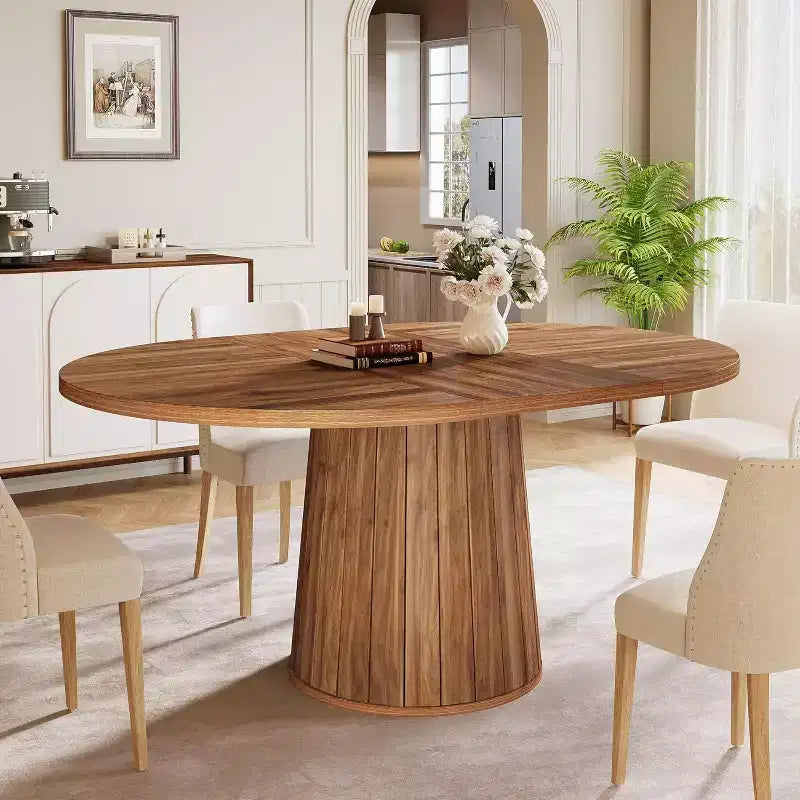 Table à manger ovale Lantine de 140 cm en bois avec plateau en bois et base cylindrique