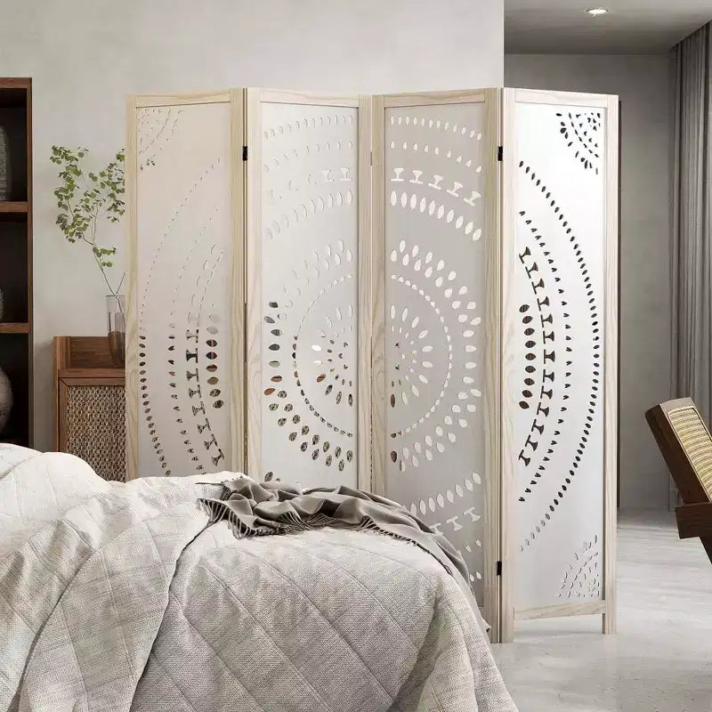Costway Paravent 4 Panneaux Bohème 66" avec Motif Sculpté et Cadre en Bois Massif Charnières à 360°