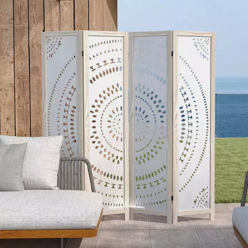 Costway Paravent 4 Panneaux Bohème 66" avec Motif Sculpté et Cadre en Bois Massif Charnières à 360°