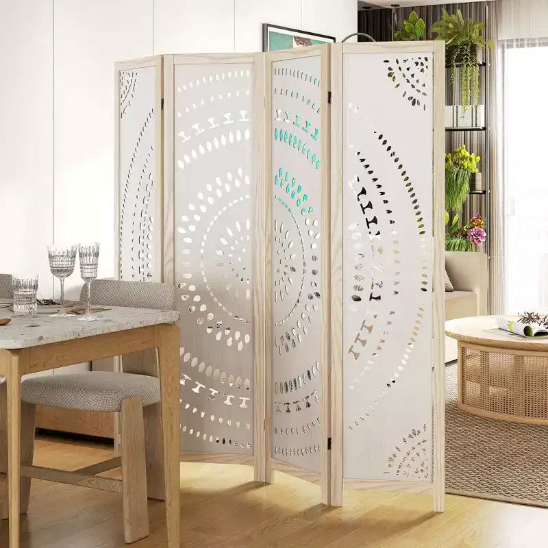 Costway Paravent 4 Panneaux Bohème 66" avec Motif Sculpté et Cadre en Bois Massif Charnières à 360°
