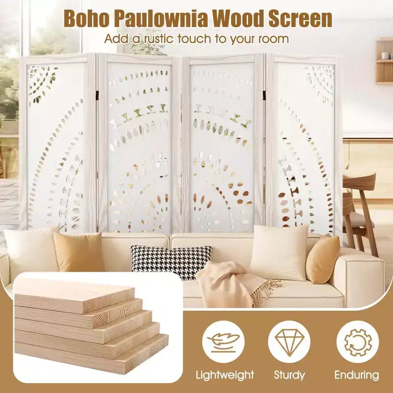 Costway Paravent 4 Panneaux Bohème 66" avec Motif Sculpté et Cadre en Bois Massif Charnières à 360°