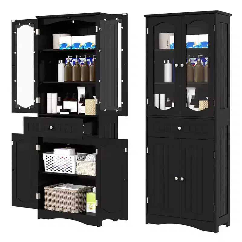 Meuble de salle de bain Costway de 160 cm de haut avec portes en verre trempé, étagères réglables, grand tiroir blanc/noir