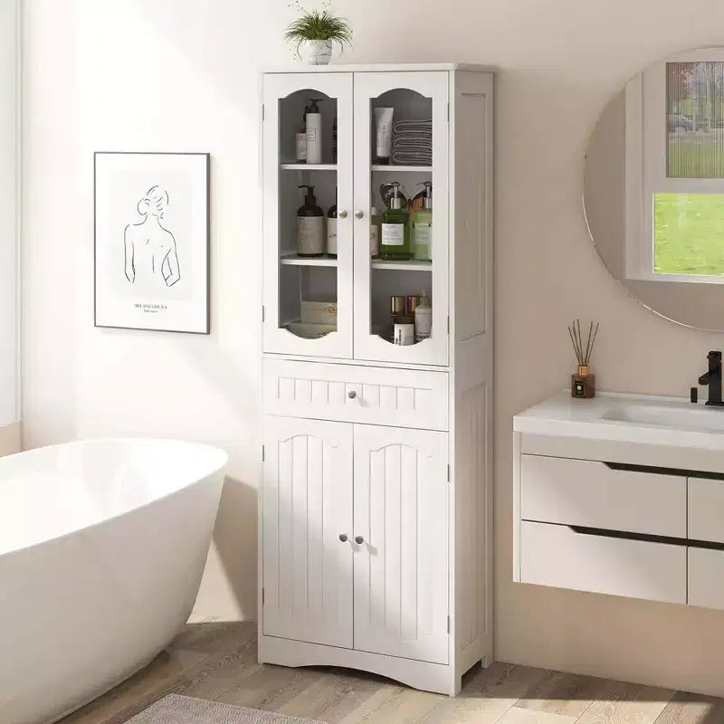 Meuble de salle de bain Costway de 160 cm de haut avec portes en verre trempé, étagères réglables, grand tiroir blanc/noir