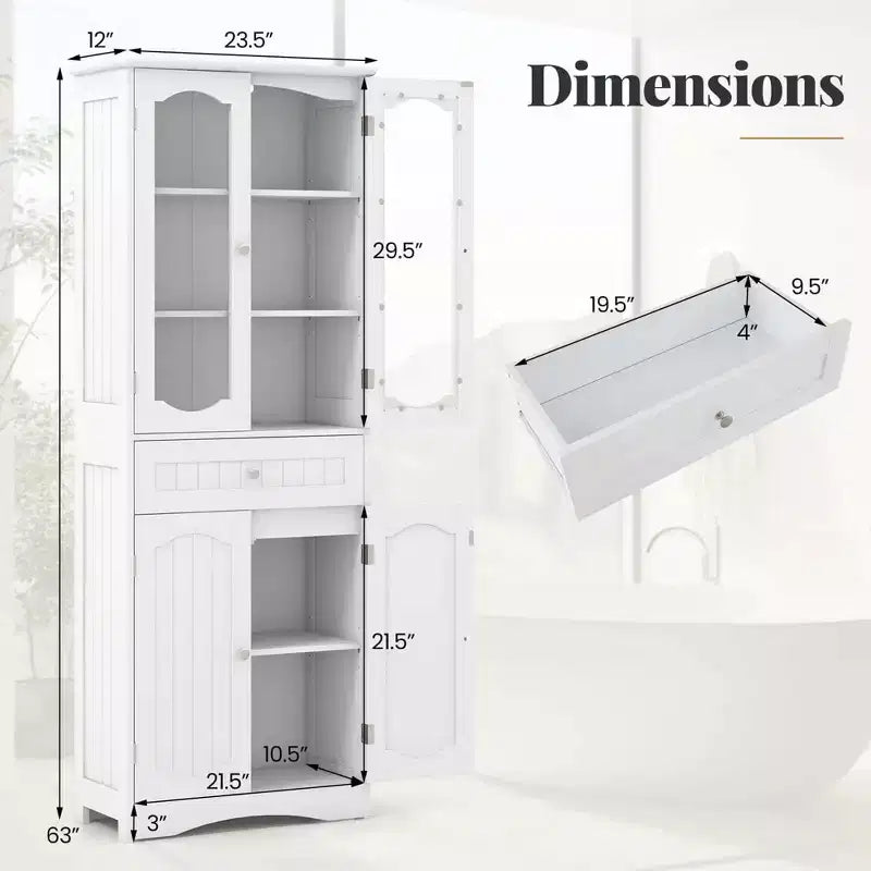 Meuble de salle de bain Costway de 160 cm de haut avec portes en verre trempé, étagères réglables, grand tiroir blanc/noir