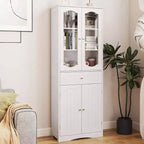 Meuble de salle de bain Costway de 160 cm de haut avec portes en verre trempé, étagères réglables, grand tiroir blanc/noir