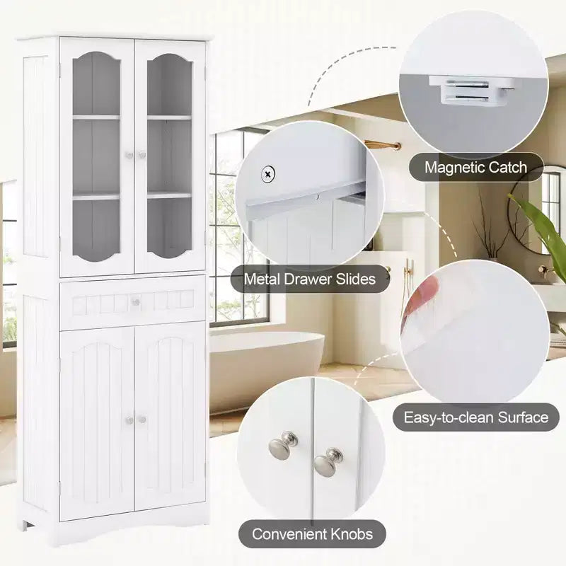 Meuble de salle de bain Costway de 160 cm de haut avec portes en verre trempé, étagères réglables, grand tiroir blanc/noir
