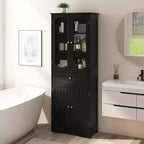 Meuble de salle de bain Costway de 160 cm de haut avec portes en verre trempé, étagères réglables, grand tiroir blanc/noir