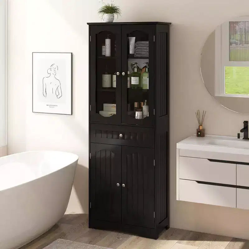Meuble de salle de bain Costway de 160 cm de haut avec portes en verre trempé, étagères réglables, grand tiroir blanc/noir